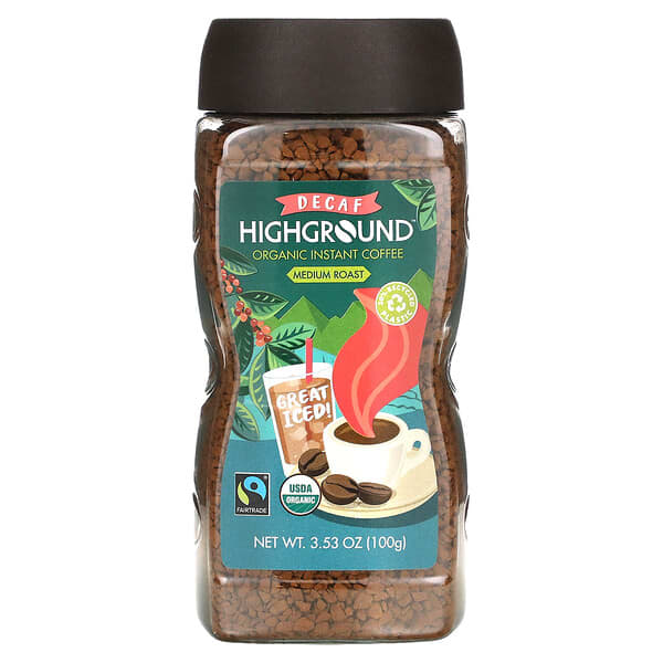 Highground Coffee‏, قهوة عضوية سريعة التحضير، تحميص متوسط، منزوعة الكافيين، 3.53 أونصة (100 جم)