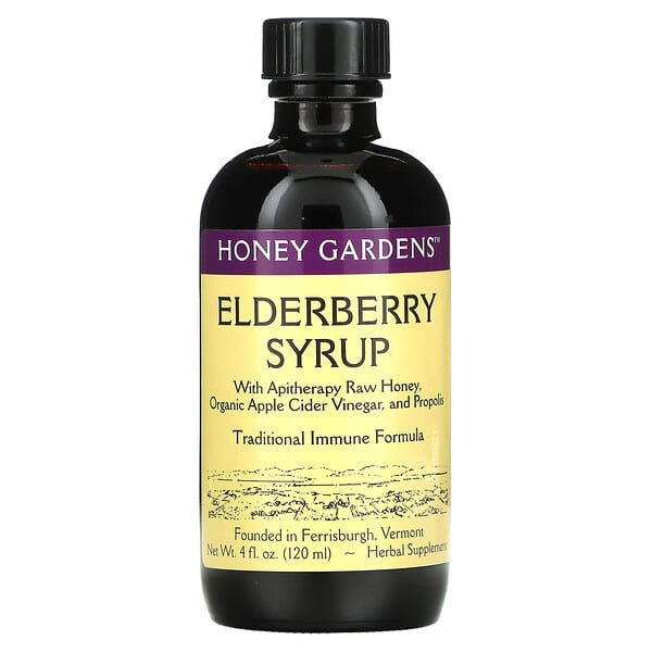 Honey Gardens, Jarabe de baya de saúco con miel de apiterapia cruda, propóleos y saúcos, 120 ml (4 fl oz)