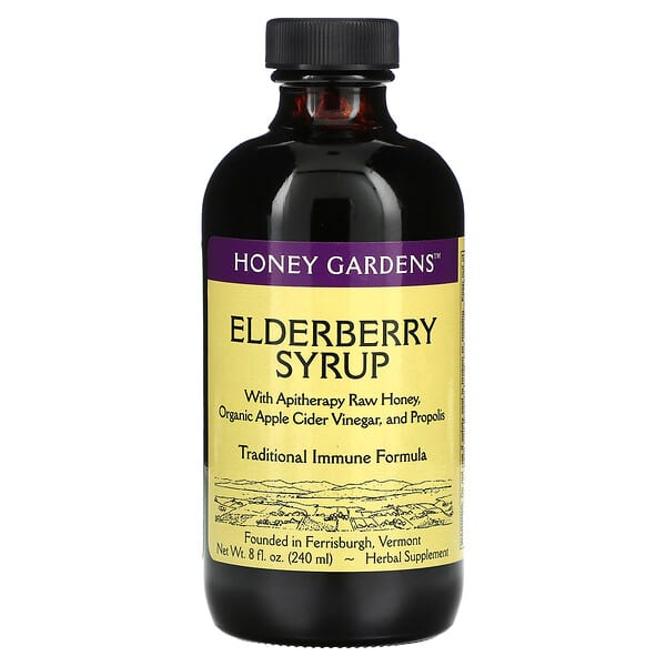 Honey Gardens, 接骨木果糖浆，含蜂疗生蜂蜜，有机苹果醋和蜂胶，8 液量盎司（240 毫升）