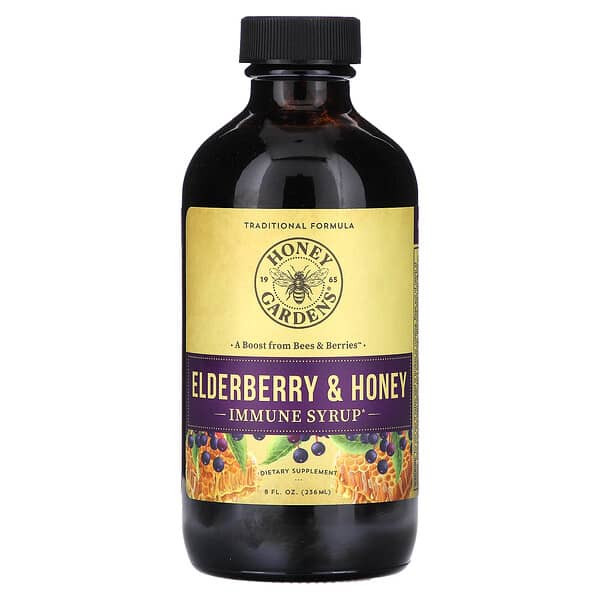 Honey Gardens, 接骨木果糖漿，含蜂療生蜂蜜，有機蘋果醋和蜂膠，8 液量盎司（240 毫升）