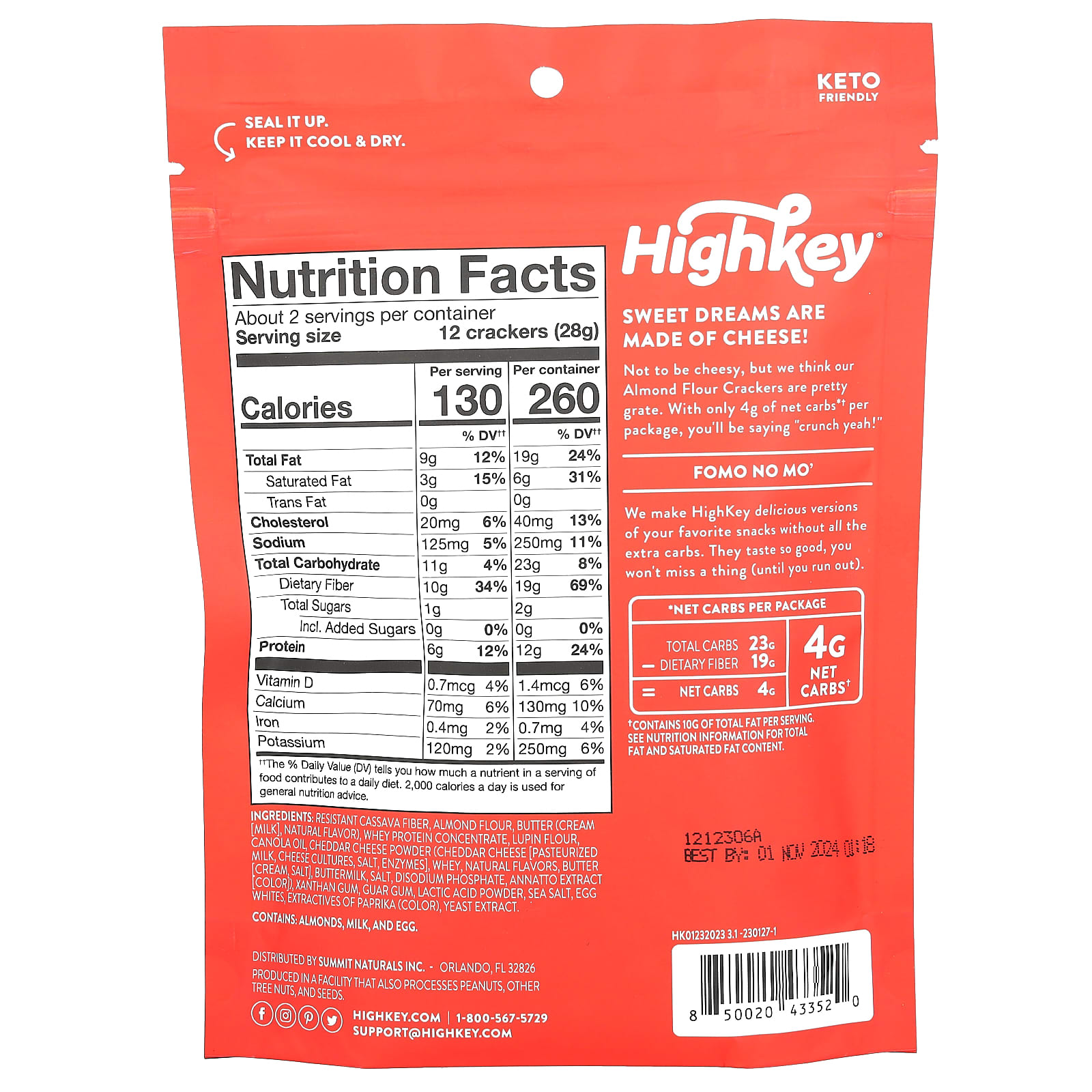 HighKey, Almond Flour Crackers, Cheddar, 2 oz (56.6 g)