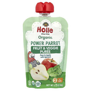 Holle, Organic Fruit & Veggie Puree, Power Parrot, 6+ Months, Pear & Apple With Spinach, 3.5 oz (100 g)