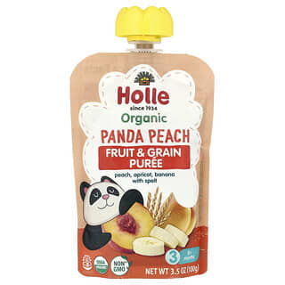 Holle, Organic Fruit & Grain Puree, Panda Peach, 8+ Months, Peach, Apricot, Banana With Spelt, 3.5 oz (100 g)