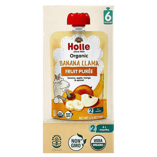 Holle, Biologische fruitpuree, Banana Llama, 6+ maanden, banaan, appel, mango & abrikoos, 6 zakjes van 100 g per stuk