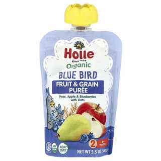 Holle, Organic Fruit & Grain Puree, Blue Bird, 6+ Months, Pear Apple & Blueberries with Oats, 3.5 oz (100 g)