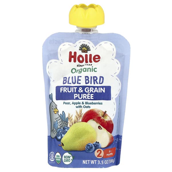 Holle, 유기농 과일 및 곡물 퓨레, 블루버드, 6개월 이상, 배 사과 및 블루베리, 귀리 함유, 100g(3.5oz)