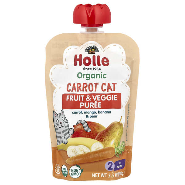 Holle, 유기농 과일 & 채소 퓨레, 고양이 당근, 6개월 이상, 당근, 망고, 바나나 & 배, 100g(3.5oz)