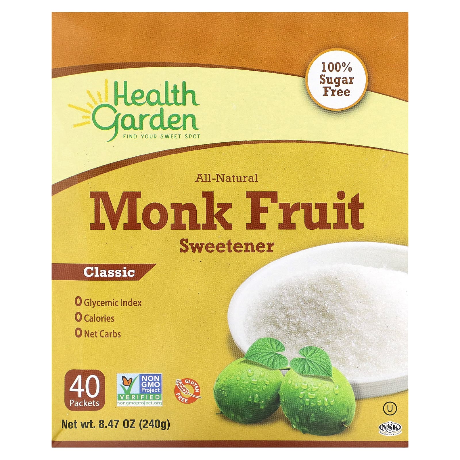 Health Garden, AllNatural Monk Fruit Sweetener, Classic, 40 Packets, 0