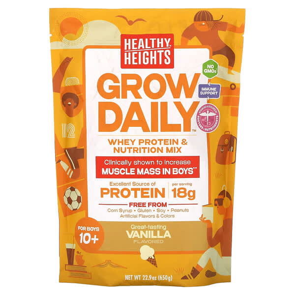 Healthy Heights, Grow Daily, Whey Protein &amp; Nutrition Mix, For Boys 10+, Vanilla, 22.9 oz (650 g)