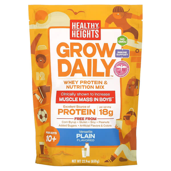 Healthy Heights, Grow Daily, Whey Protein &amp; Nutrition Mix, For Boys 10+, Plain, 22.9 oz (650 g)