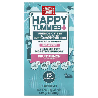 Healthy Heights, Happy Tummies, Drink Mix for Digestive Support, Kids 2+, Fruit Punch, 15 Stick Packs, 0.28 oz (7.8 g) Each