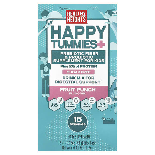 Healthy Heights, Happy Tummies, 소화 건강 증진 드링크 믹스, 어린이용, 과일 펀치, 스틱팩 15개, 개당 7.8g(0.28oz)