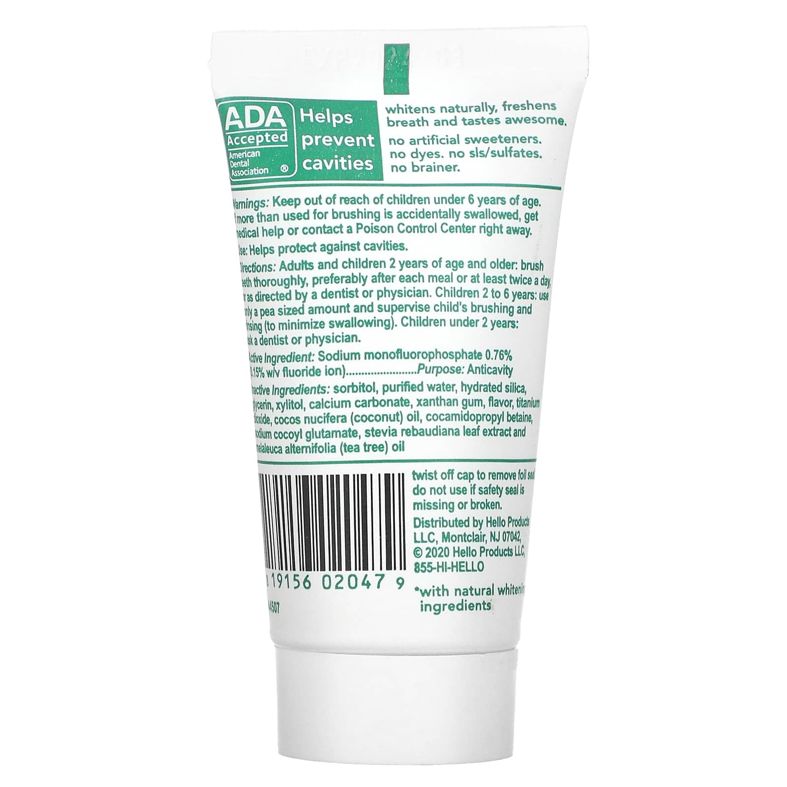 Hello, Naturally Whitening Fluoride Toothpaste, Farm Grown Mint, 1 oz