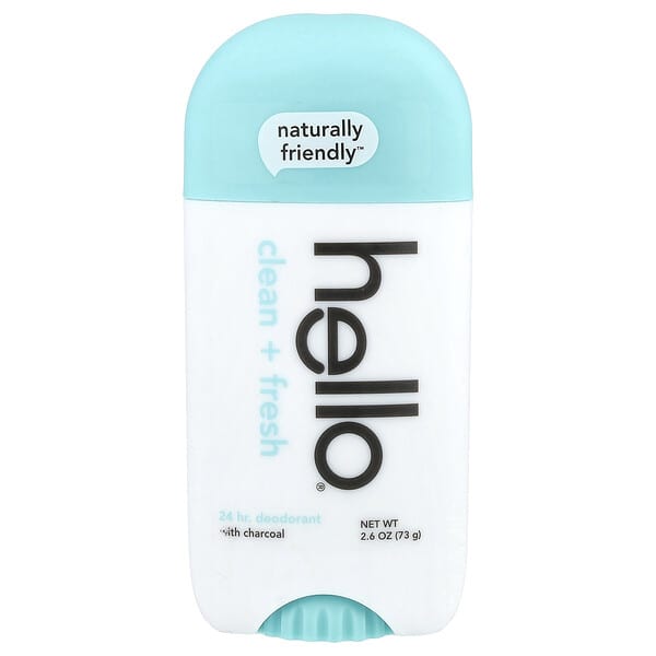 Hello, 24시간 데오드란트, 숯 함유, 클린 + 프레시, 73g(2.6oz)