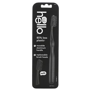 Hello, Aluminum Toothbrush with Replaceable Brush Heads, Soft, Black, 1 Toothbrush and 1 Replaceable Brush Head