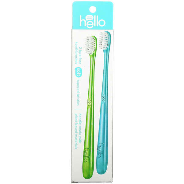 Hello‏, BPA-Free Toothbrushes, Soft, Green/Blue, 2 Toothbrushes