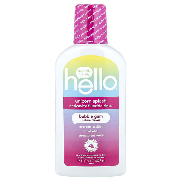 Hello, Unicorn Splash 충치 예방 불소 구강 청결제, 풍선껌 맛, 473ml(16fl oz)