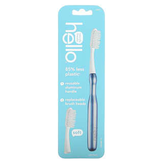 Hello, Aluminum Toothbrush with Replaceable Brush Heads, Soft, Blue, 1 Toothbrush and 1 Replaceable Brush Head