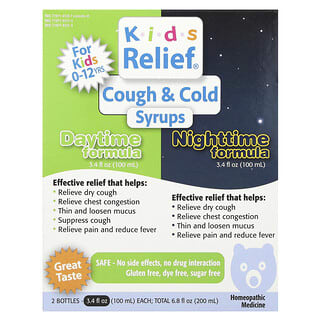 Homeolab USA, Kids Relief®, Cough & Cold Syrups, Husten- und Erkältungssirup, Tages- und Nachtformel, 0–12 Jahre, 2 Flaschen, je 100 ml (3,4 fl. oz.).