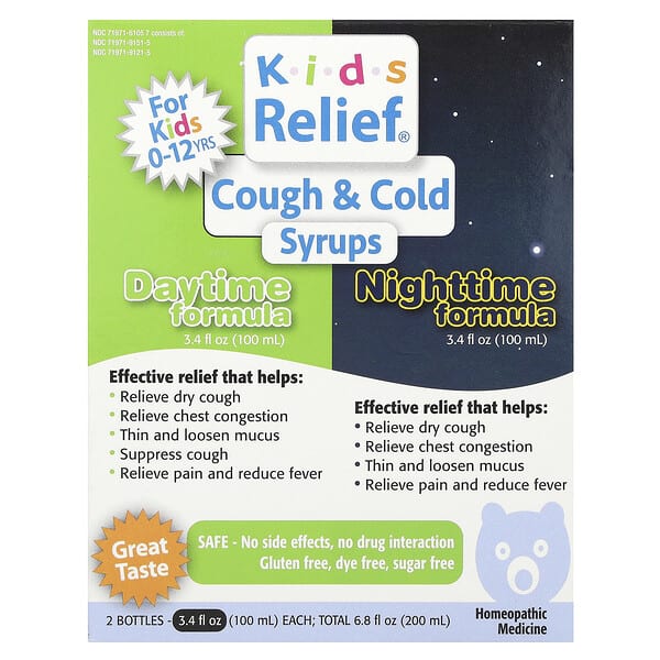 Kids Relief®, Cough & Cold Syrups, Daytime & Nighttime Formula, 0-12 Yrs, 2 Bottles, 3.4 fl oz (100 ml) Each