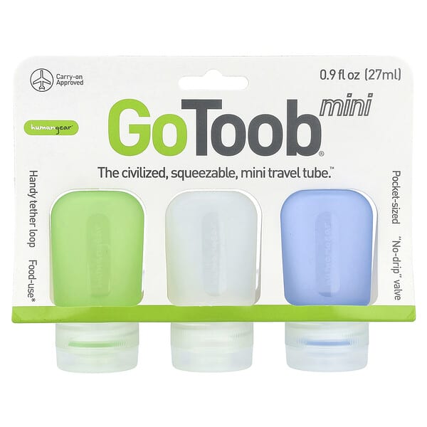 Humangear, GoToob® 미니, 블루, 클리어, 그린, 3개입, 각 27ml(0.9fl oz)