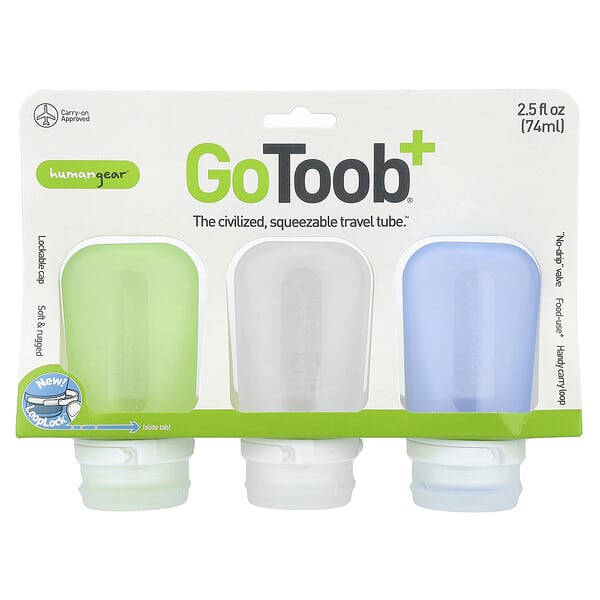 Humangear, GoToob+®, Travel Tube, Medium, Green, Clear & Blue, 3 Pack, 2.5 fl oz (74 ml) Each