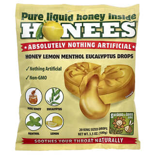 Honees, Honey Lemon Menthol Eucalyptus Cough Drops, Honig-Zitrone-Menthol-Eukalyptus-Hustenbonbons, 20 King-Size-Tropfen, 100 g (3,5 oz.)