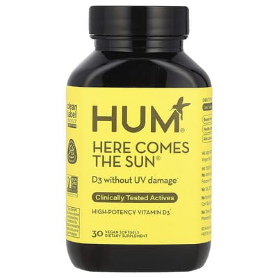 HUM Nutrition, Here Comes The Sun®, High Potency Vitamin D3, 50 mcg, 30 Vegan Softgels