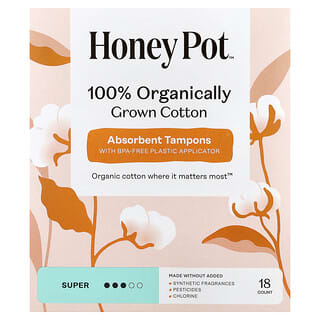 The Honey Pot Company, 100% Organically Grown Cotton Absorbent Tampons, Super, 18 Count