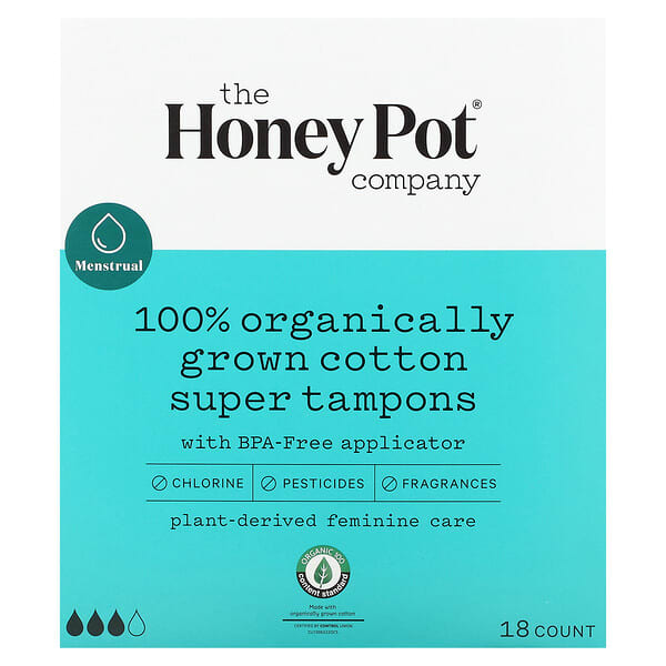 The Honey Pot Company, 100% Organically Grown Cotton Tampons, Super, 18 Count