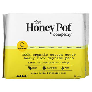 The Honey Pot Company, Almohadillas diurnas de flujo intenso, 100% algodón orgánico, 16 unidades