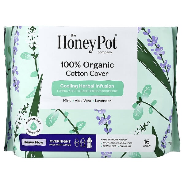 The Honey Pot Company, 100% 유기농 순면 커버, 오버나이트 패드, 날개형, 헤비, 16개입