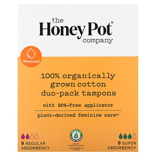 The Honey Pot Company, Paquete doble de tampones de algodón 100% cultivado de forma orgánica, Absorbencia regular y superior, 18 unidades