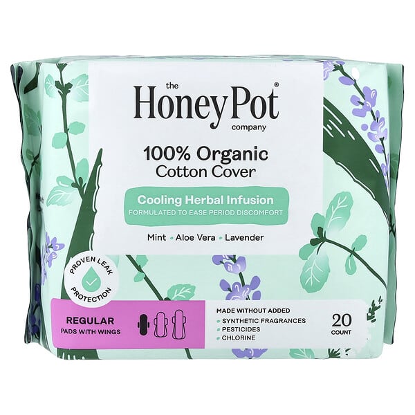 The Honey Pot Company, 유기농 쿨링 허브 인퓨전, 날개형 패드, 레귤러, 20개입