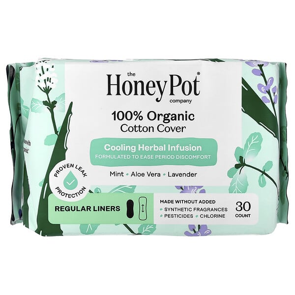 The Honey Pot Company, 100% 유기농 순면 커버, 쿨링 허브 인퓨전, 일반 라이너, 30개입