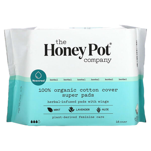 The Honey Pot Company, Organic Super Herbal-Infused Pads with Wings, 16 Count