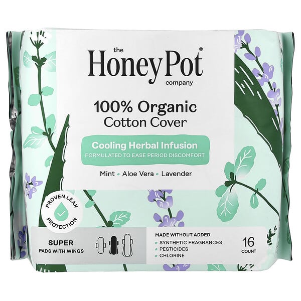 The Honey Pot Company, 100% 유기농 순면 커버, 날개형 패드, 슈퍼, 16개입
