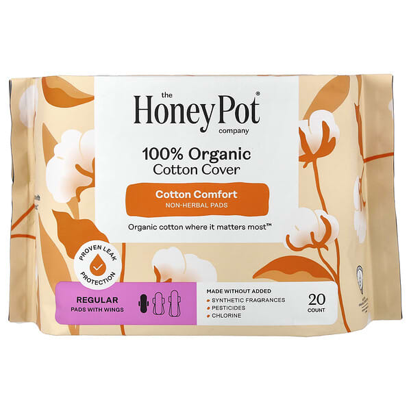 The Honey Pot Company, 100% 유기농 순면 커버, 식물성 무함유 패드, 날개형, 레귤러, 20개입