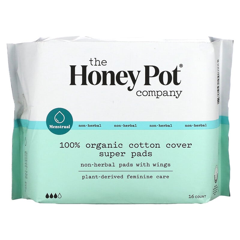 The Honey Pot Pads, Herbal-Infused, with Wings, 100% Organic Cotton Cover, Regular - 20 pads
