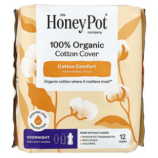 The Honey Pot Company, Revestimento de Algodão 100% Orgânico, Discos Sem Ervas com Abas, Noturno, 12 Unidades