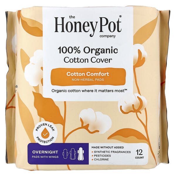 The Honey Pot Company, 100% 유기농 순면 커버, 허브 성분 무함유 패드, 날개형, 오버나이트, 12개입