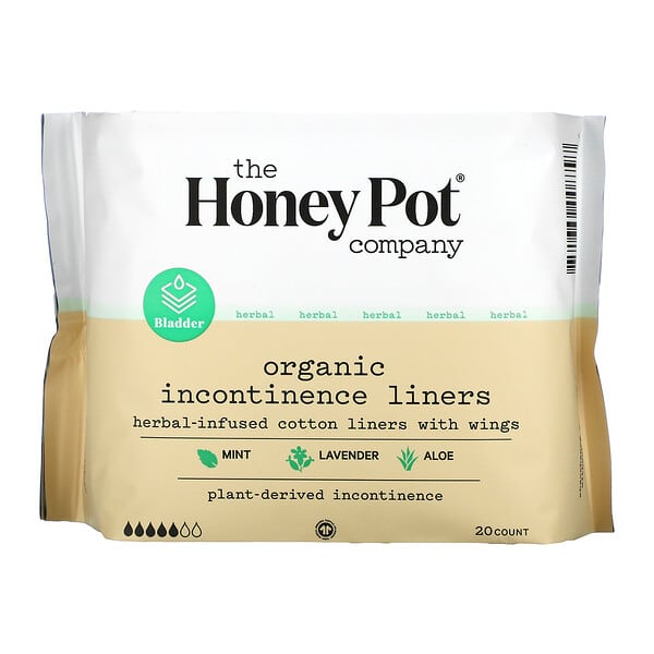 The Honey Pot Company, Forros de algodón con alas con infusión de hierbas, Forros orgánicos para la incontinencia, 20 unidades