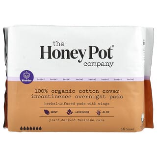 The Honey Pot Company, Cubierta de algodón 100 % orgánico, Almohadillas con alas con infusión de hierbas, Suplemento para la incontinencia durante la noche, 16 unidades