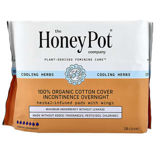 The Honey Pot Company, 100% Organic Cotton Cover, Herbal-Infused Pads With Wings, Incontinence Overnight, 16 Count