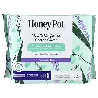 The Honey Pot Company, 100% Organic Cotton Cover, Herbal-Infused Pads With Wings, Incontinence Overnight, 16 Count