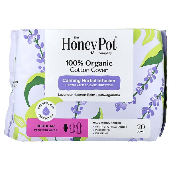 The Honey Pot Company, 유기농 진정 허브 인퓨전, 날개형 패드, 레귤러, 20개입