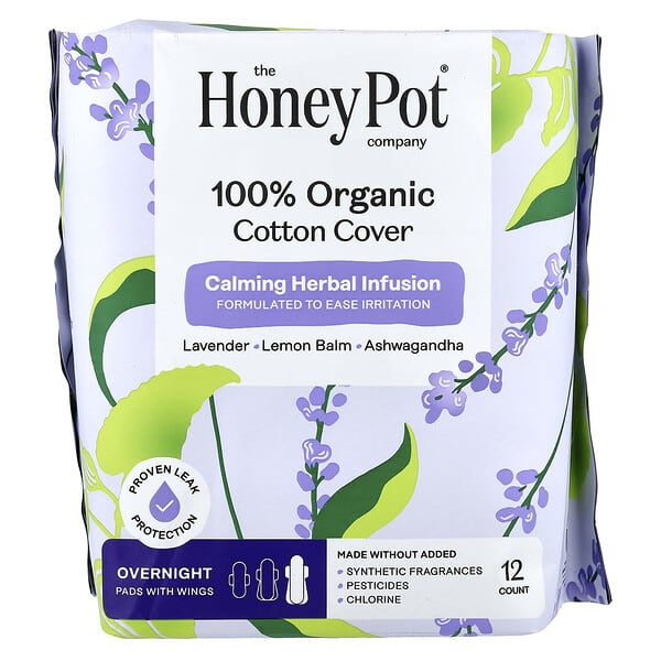 The Honey Pot Company, 유기농 진정 허브 인퓨전, 날개형 패드, 오버나이트, 12개입