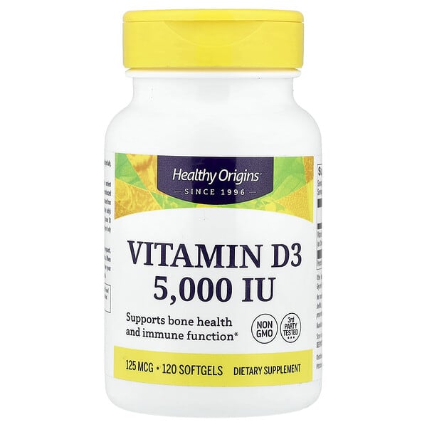 Healthy Origins, Vitamin D3, 125 mcg (5,000 IU), 120 Softgels — product photo 1