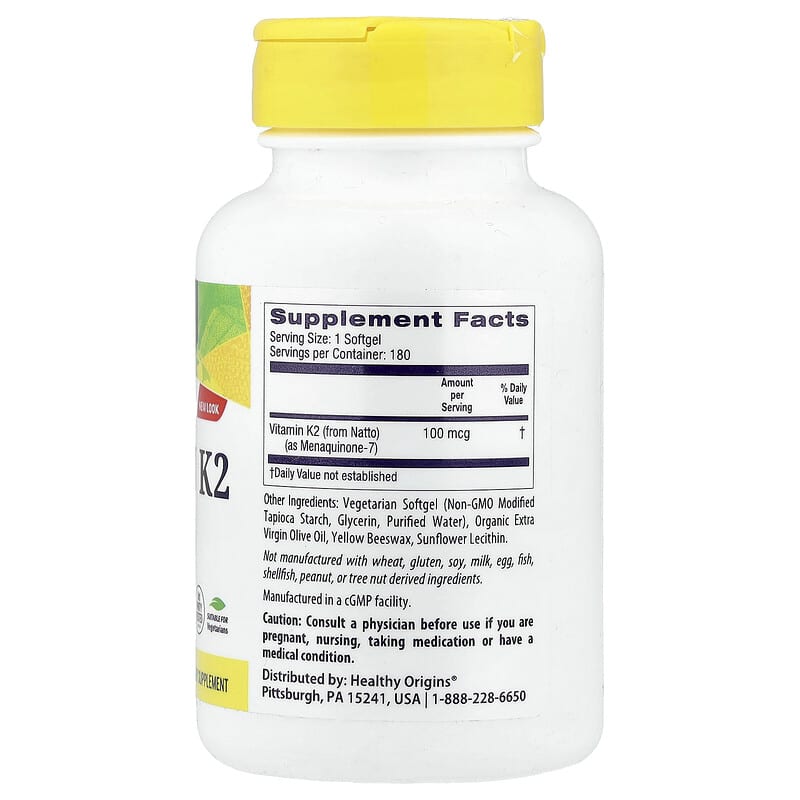 Natural Vitamin K2 as MK-7, 100 mcg, 180 Veggie Softgels