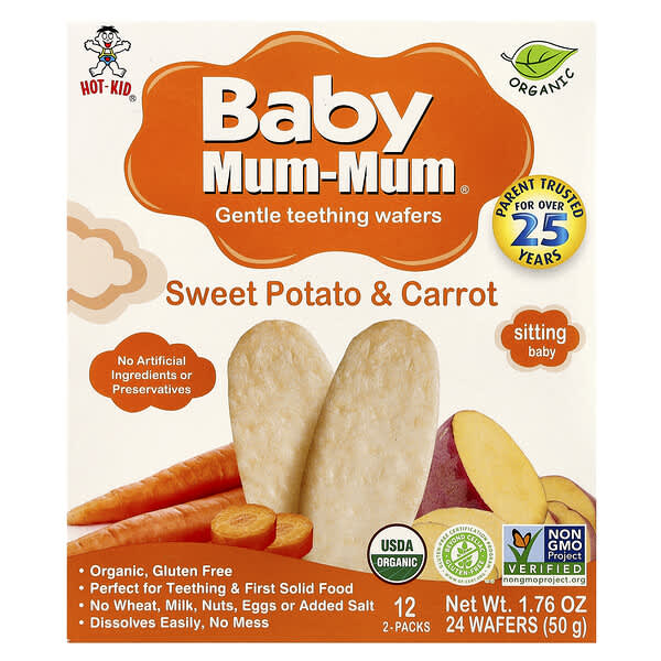 Hot Kid, Baby Mum-Mum®, 부드러운 치발 웨이퍼, 고구마 & 당근, 12팩, 각 2개입